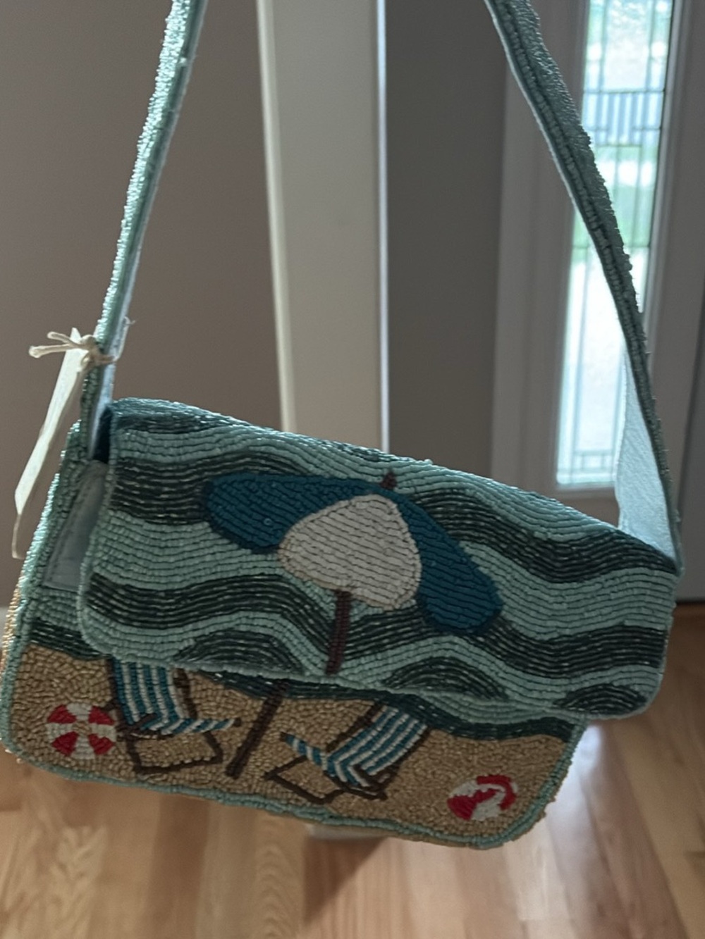 Beaded Beach Scene Shoulder Bag in Aqua
